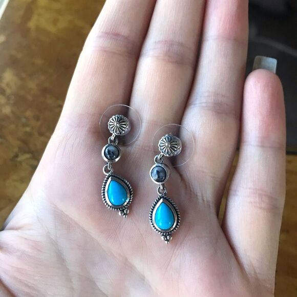 Sleeping Beauty Turquoise White Buffalo Sterling Silver Dangle Earrings - Picture 6 of 6